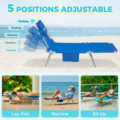 #WEJOY Folding Tanning Chair with Face Hole, 5 Positions Face Down Beach Lounge Chairs with Pillow for Outside Sunbathing Poolside (Blue)