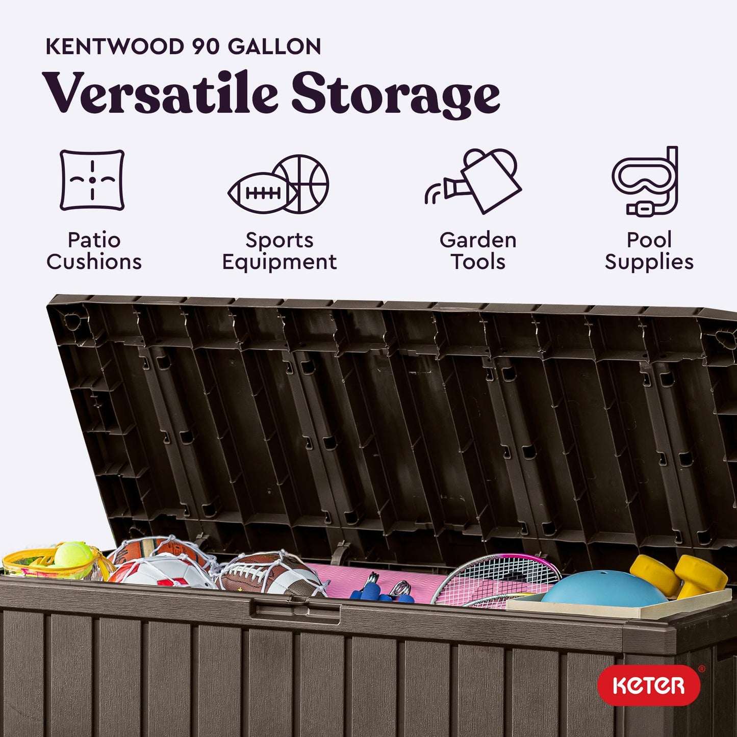 Keter Kentwood 92 Gallon Resin Deck Box-Organization and Storage for Patio Storage Box Outdoor Cushions, Throw Pillows, Garden Tools and Pool Floats, Brown