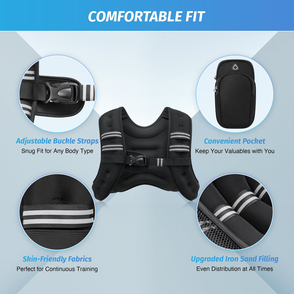 ZELUS Weighted Vest, 6lb/8lb/12lb/16lb/20lb/25lb/30lb Weight Vest with Reflective Stripe for Workout, Strength Training, Running, Fitness, Muscle Building, Weight Loss, Weightlifting, Black(12 lb)
