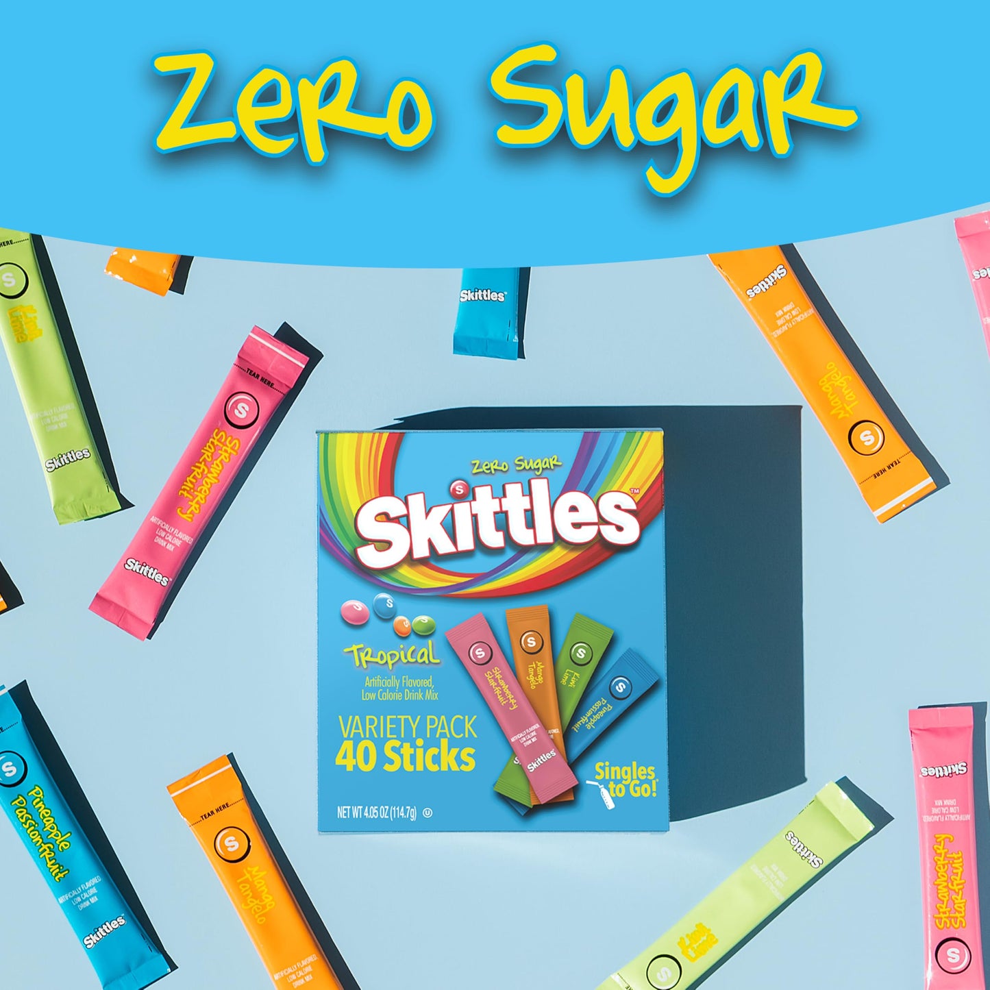 Skittles Singles To Go Tropical Variety Pack, Watertok Powdered Drink Mix, Zero Sugar, Low Calorie, Includes 4 Flavors: Strawberry Starfruit, Mango Tangelo, Kiwi Lime, Pineapple Passionfruit, 1 Box (40 Single Servings)