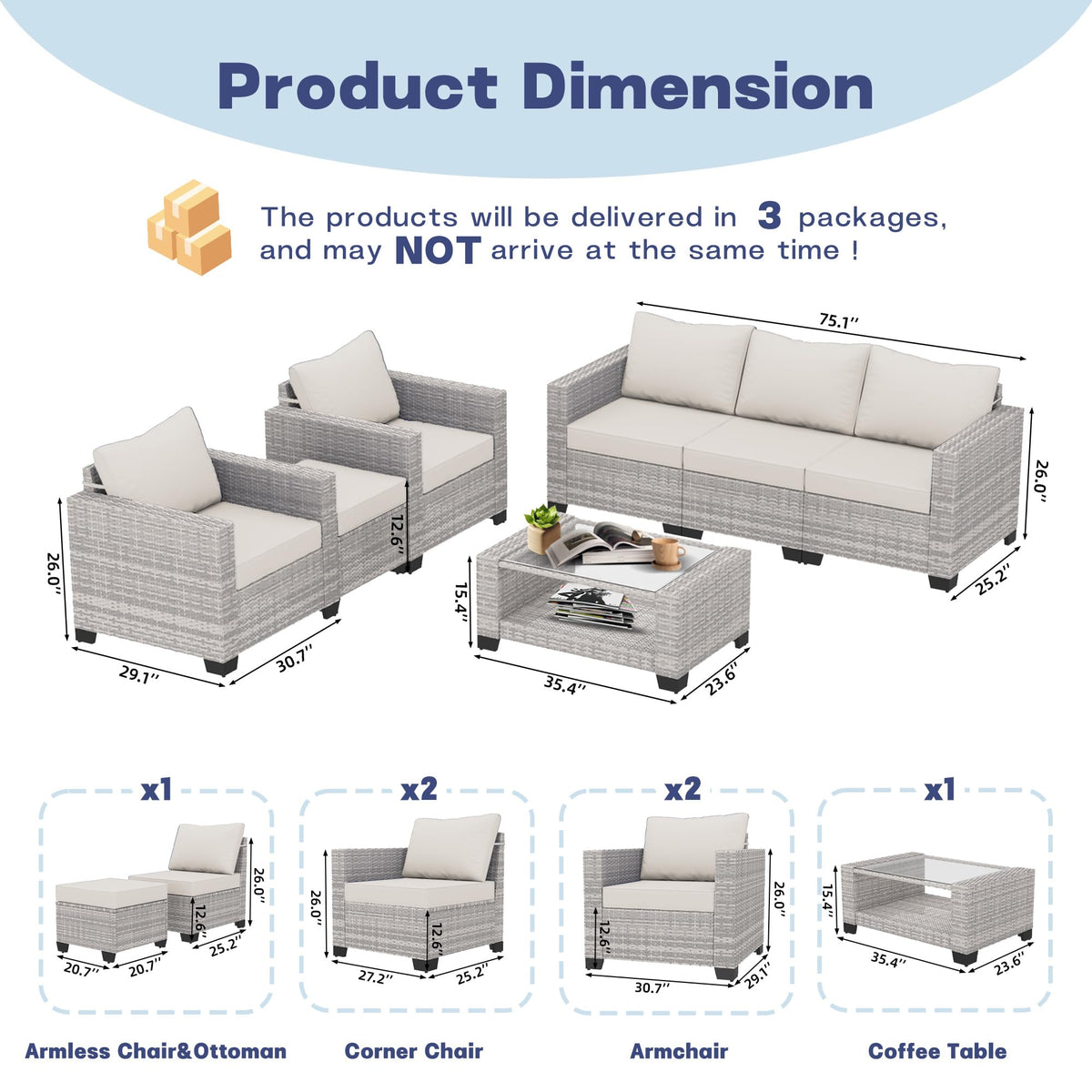 7 Piece Outdoor Patio Furniture Set, Outdoor Sectional Furniture, Rattan Chairs Glass Table Wicker Conversation Seating Sectional Sofa with Cushions (B-Grey White-Grey, B-7 Pieces-Tilted Back)