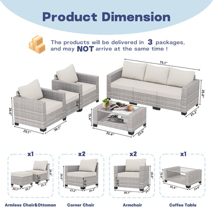 7 Piece Outdoor Patio Furniture Set, Outdoor Sectional Furniture, Rattan Chairs Glass Table Wicker Conversation Seating Sectional Sofa with Cushions (B-Grey White-Grey, B-7 Pieces-Tilted Back)
