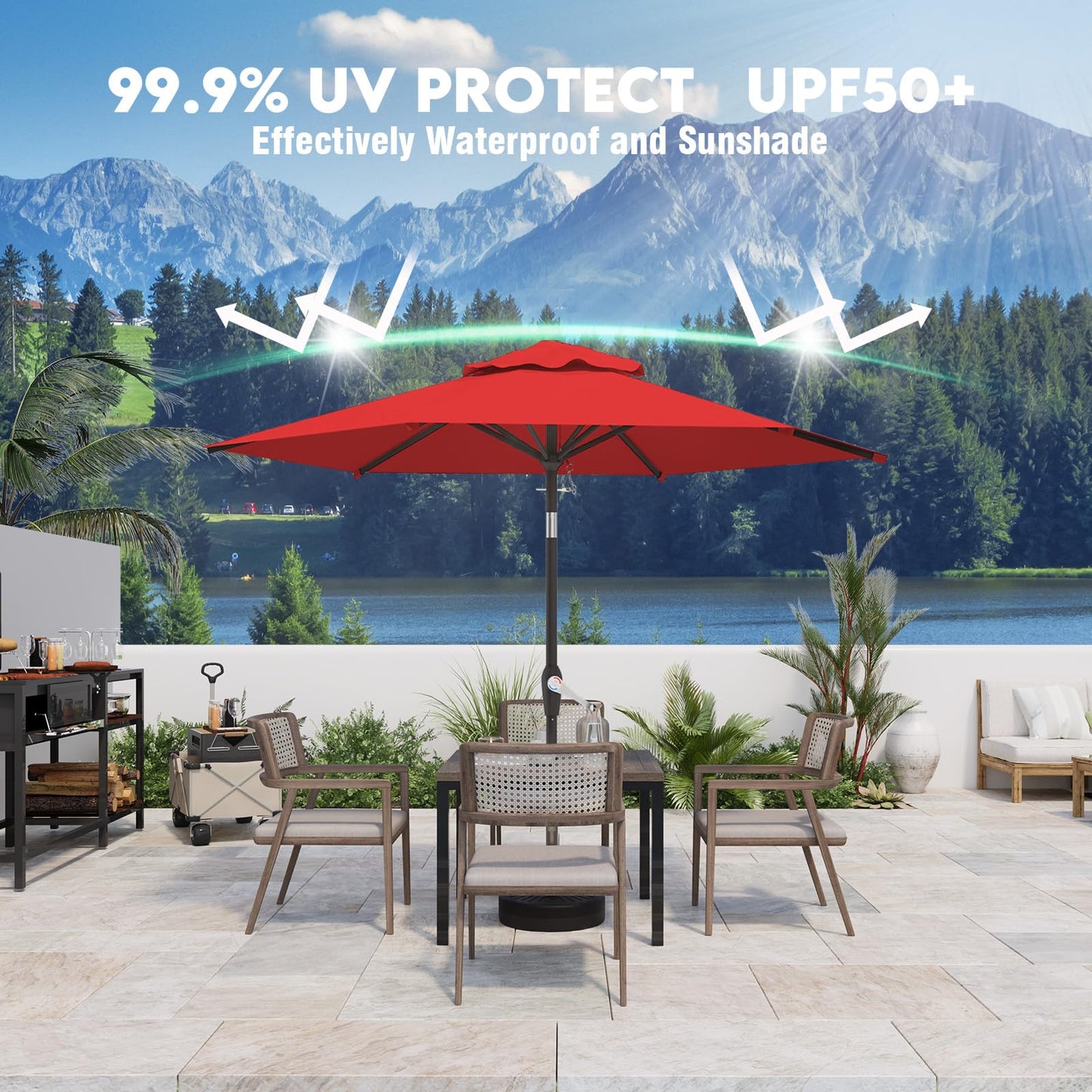 AreShark 7.5FT Patio Umbrella Table Market Umbrella w/Tilt and Crank Heavy-Duty Round Outdoor Umbrellas for Garden, Deck, Backyard, Pool and Beach, Red