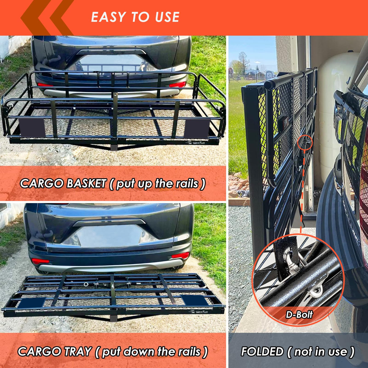 MeeFar High Rail Trailer Folding Hitch Mount Cargo Carrier Basket 60" X 24" X 14"+Waterproof Cargo Bag 20 cu ft(59" 24" 24"), Capacity of 500 Lbs with Hitch Stabilizer, Net, Lock and Straps