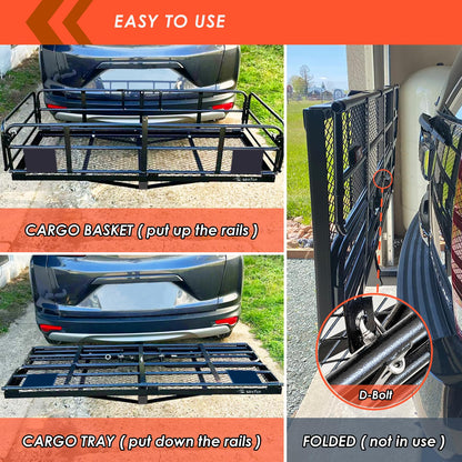 MeeFar High Rail Trailer Folding Hitch Mount Cargo Carrier Basket 60" X 24" X 14"+Waterproof Cargo Bag 20 cu ft(59" 24" 24"), Capacity of 500 Lbs with Hitch Stabilizer, Net, Lock and Straps