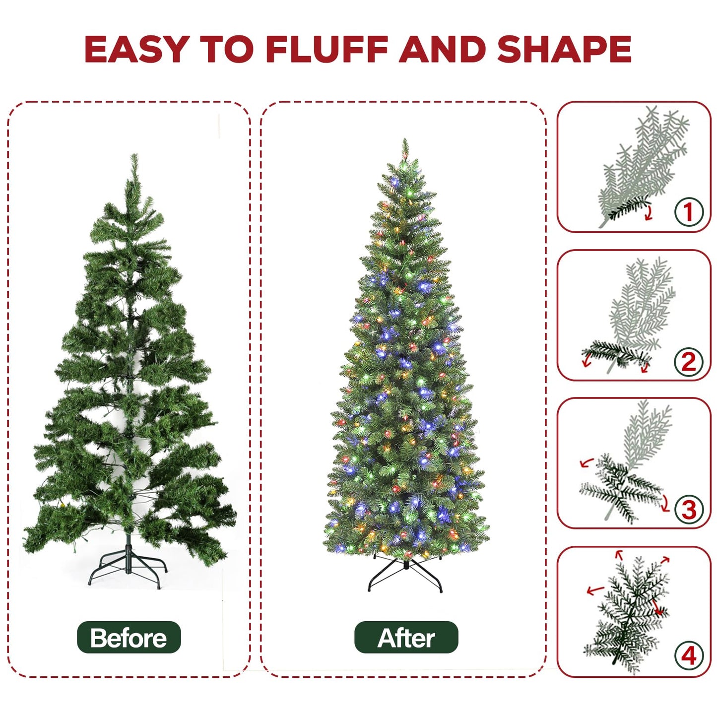 Hykolity 6ft Prelit Pencil Slim Christmas Tree with 200 Color Changing LED Lights, 544 Branch Tips, Metal Stand and Hinged Branches, 10 Color Modes