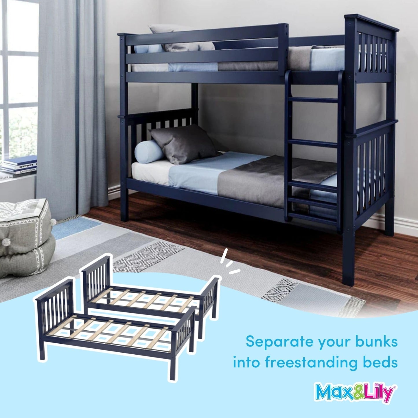 Max & Lily Bunk Bed Twin over Twin, Solid Wood Bunk Bed Frame with Ladder for Kids, 14" Safety Guardrails, Easy Assembly, No Box Spring Needed, Blue
