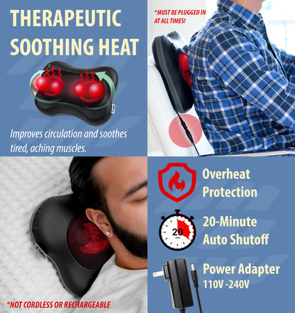Zyllion Shiatsu Back and Neck Massager with Heat - 3D Electric Kneading Deep Tissue Massage Pillow for Muscle Pain Relief, Black, ZMA-13