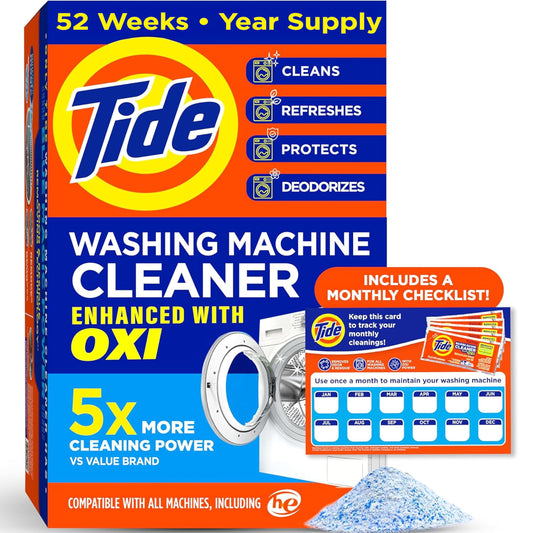 Tide Washing Machine Cleaner 52 Week Supply with Oxi for Front and Top Loader Washer Machines, Deep Cleaning Residue & Odor Eliminator, 12 Month Supply (Packaging May Vary)
