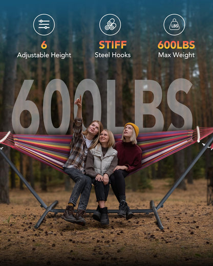 EveryFun Double Hammock with Heavy-Duty Steel Stand,Portable,Easy Assembly,600lbs Weight Capacity,Perfect for Indoor,Yard,Camping,or Outdoor-Rainbow