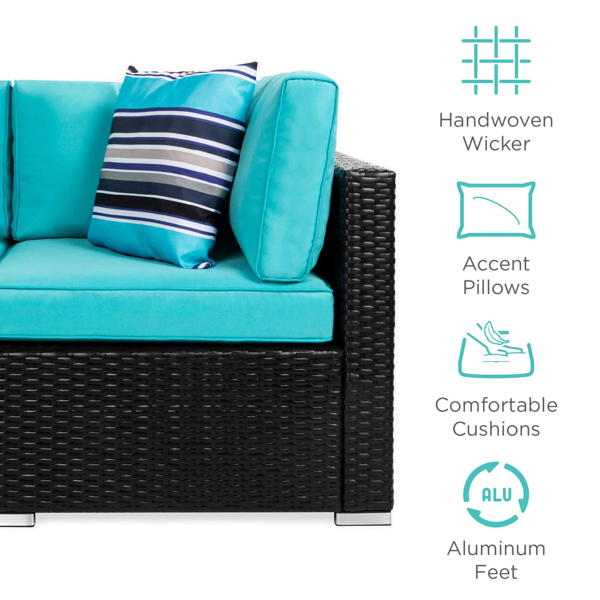 Best Choice Products 7-Piece Modular Outdoor Sectional Wicker Patio Conversation Set w/ 2 Pillows, Coffee Table, Cover Included - Black/Teal