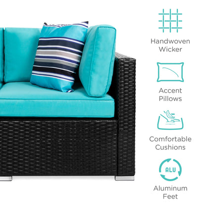 Best Choice Products 7-Piece Modular Outdoor Sectional Wicker Patio Conversation Set w/ 2 Pillows, Coffee Table, Cover Included - Black/Teal