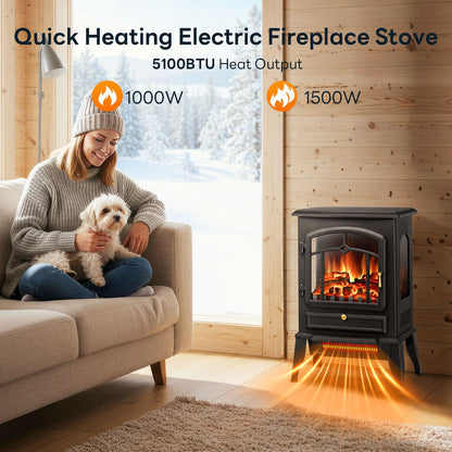 ZAFRO Electric Fireplace Stove, 5100 BTU Quick Heating Electric Fireplace Heater with Adjustable Flame Brightness, 1000W/1500W Thermostat, for Living Room, Bedroom