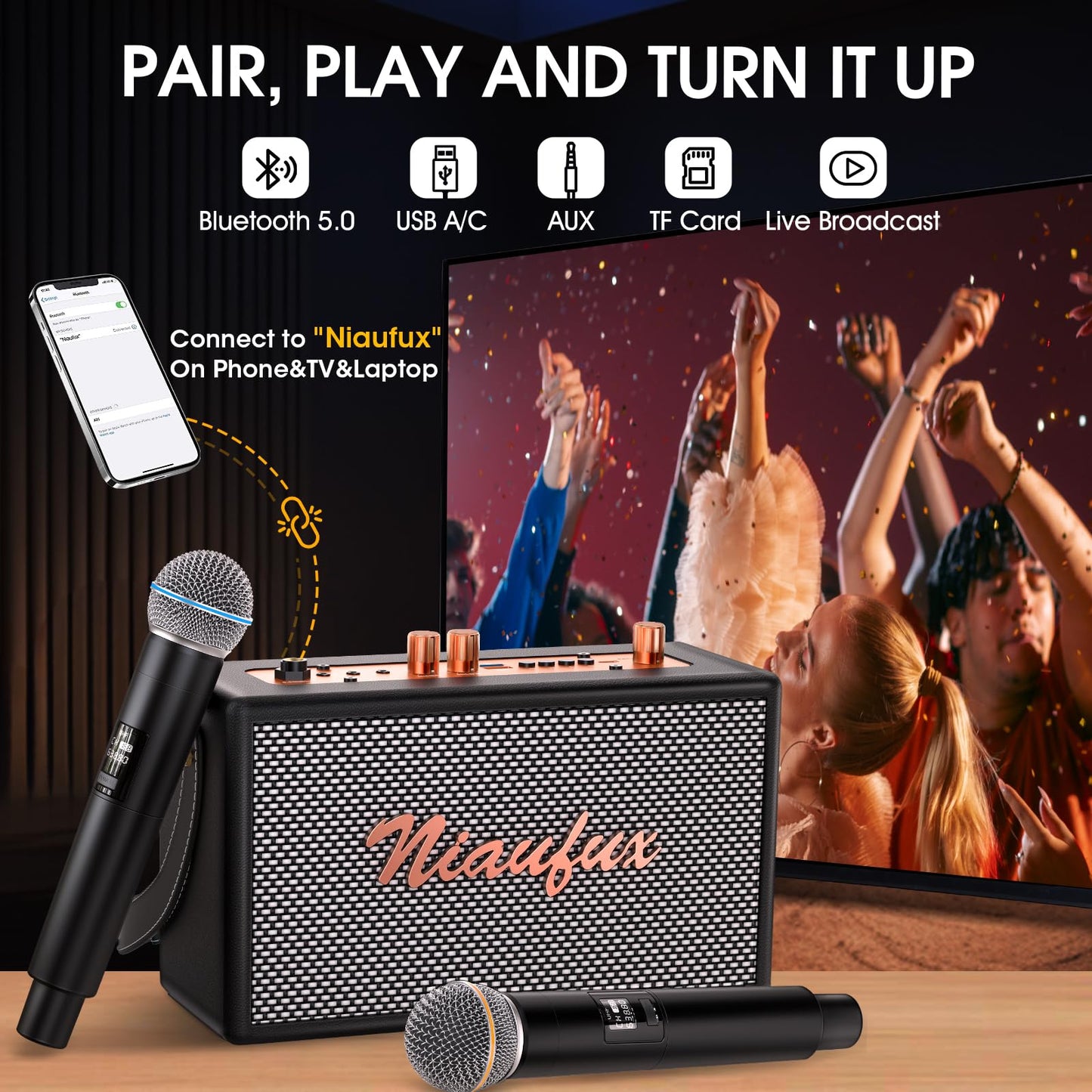 Karaoke Machine, Retro-Design Speaker with 2 Wireless Microphones for Adults & Kids, Portable Karaoke System for Home Party, Bluetooth/AUX/USB/TF Support, Gifts for Women & Girls