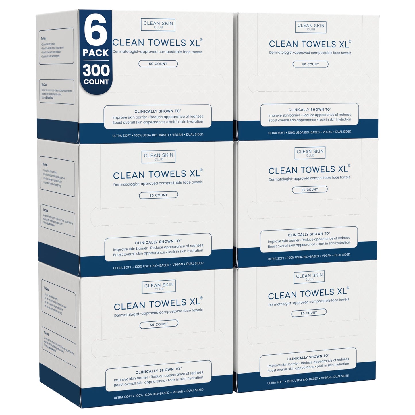 Clean Skin Club Clean Towels XL®, 100% USDA Biobased Face Towel, Disposable Face Towelette, Eczema Association Accepted, Makeup Remover Dry Wipes, Ultra Soft, 50 ct per pack, 6 Packs, 300 Ct Total
