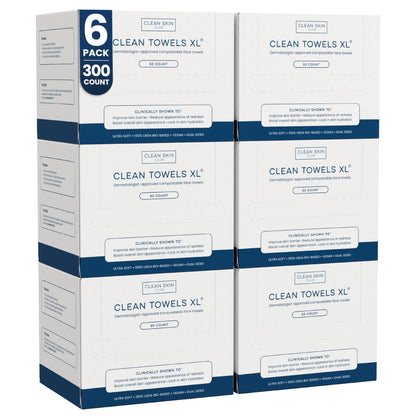 Clean Skin Club Clean Towels XL®, 100% USDA Biobased Face Towel, Disposable Face Towelette, Eczema Association Accepted, Makeup Remover Dry Wipes, Ultra Soft, 50 ct per pack, 6 Packs, 300 Ct Total