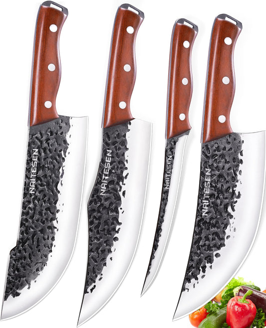 Naitesen 4PCS Butcher Knife and Kitchen Knife Set 2 in 1, Hand Forged Serbian Chef Knife Meat Cleaver Breaking Knife Boning Knife Hand Forged Very Sharp for Meat Cutting Home Kitchen Cooking BBQ