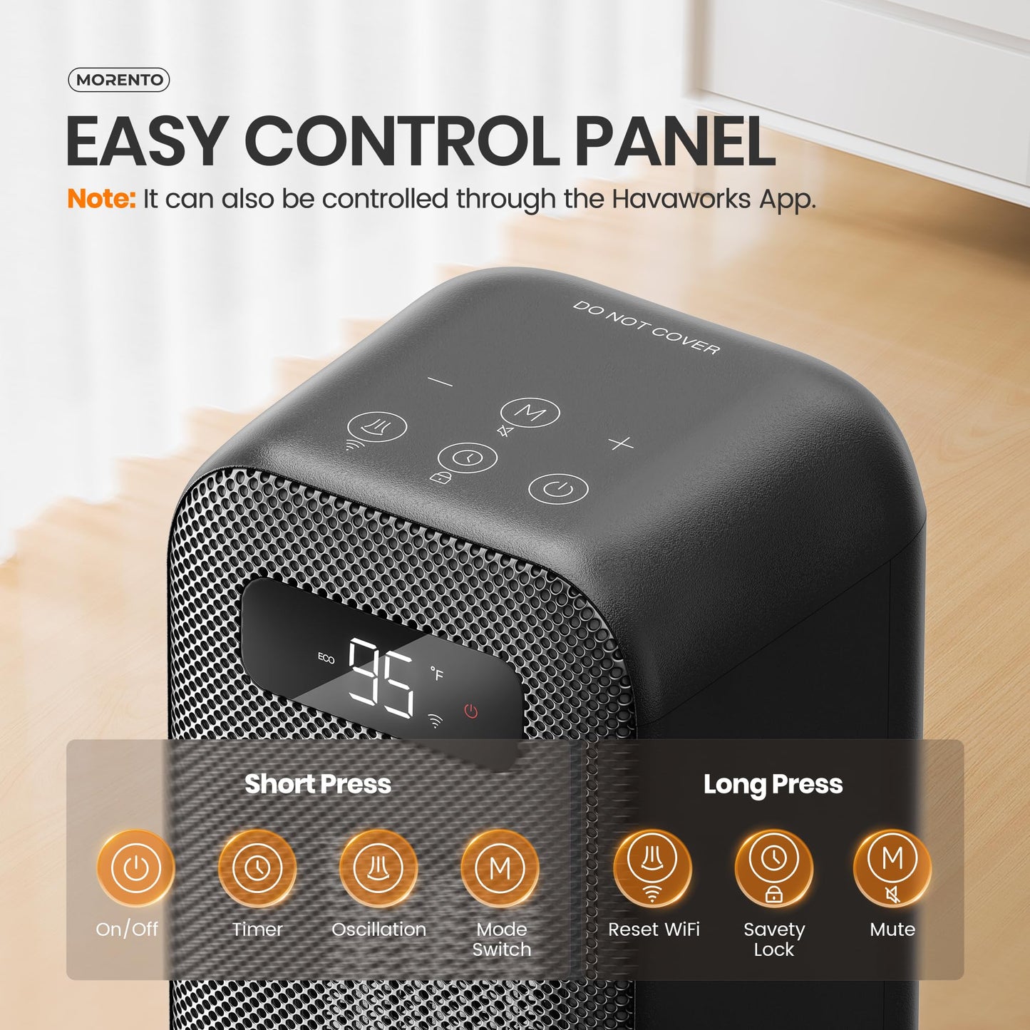 MORENTO Space Heaters for Indoor Use, Smart Space Heater, Wi-Fi & Voice Control, Portable Heater with Thermostat, 1500W Electric Heater, 12H Timer, Quiet Space Heater for Office Bedroom Home (Black)