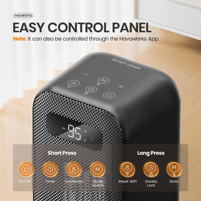 MORENTO Space Heaters for Indoor Use, Smart Space Heater, Wi-Fi & Voice Control, Portable Heater with Thermostat, 1500W Electric Heater, 12H Timer, Quiet Space Heater for Office Bedroom Home (Black)