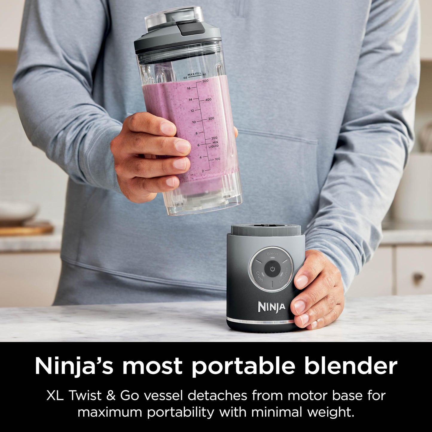 Ninja Blast Max, Portable & Personal Blender + Twist & Go, Smoothie, Blend, Ice Crush, 3 Programs, Cordless, 22 oz removable Vessel, Dishwasher Safe, Leakproof, Grey, BC251GY