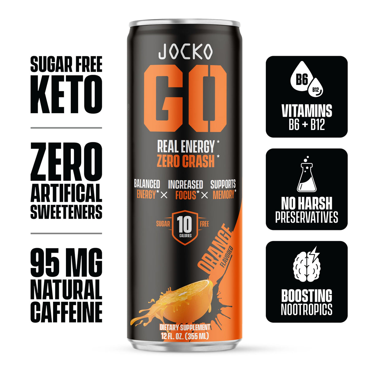 Jocko GO Energy Drink (Afterburner Orange) - KETO, Vitamin B12, Vitamin B6, Electrolytes, L Theanine, Magnesium- All Natural Energy Boost, Sugar Free Nootropic Monk Fruit Blend - 12 Pack