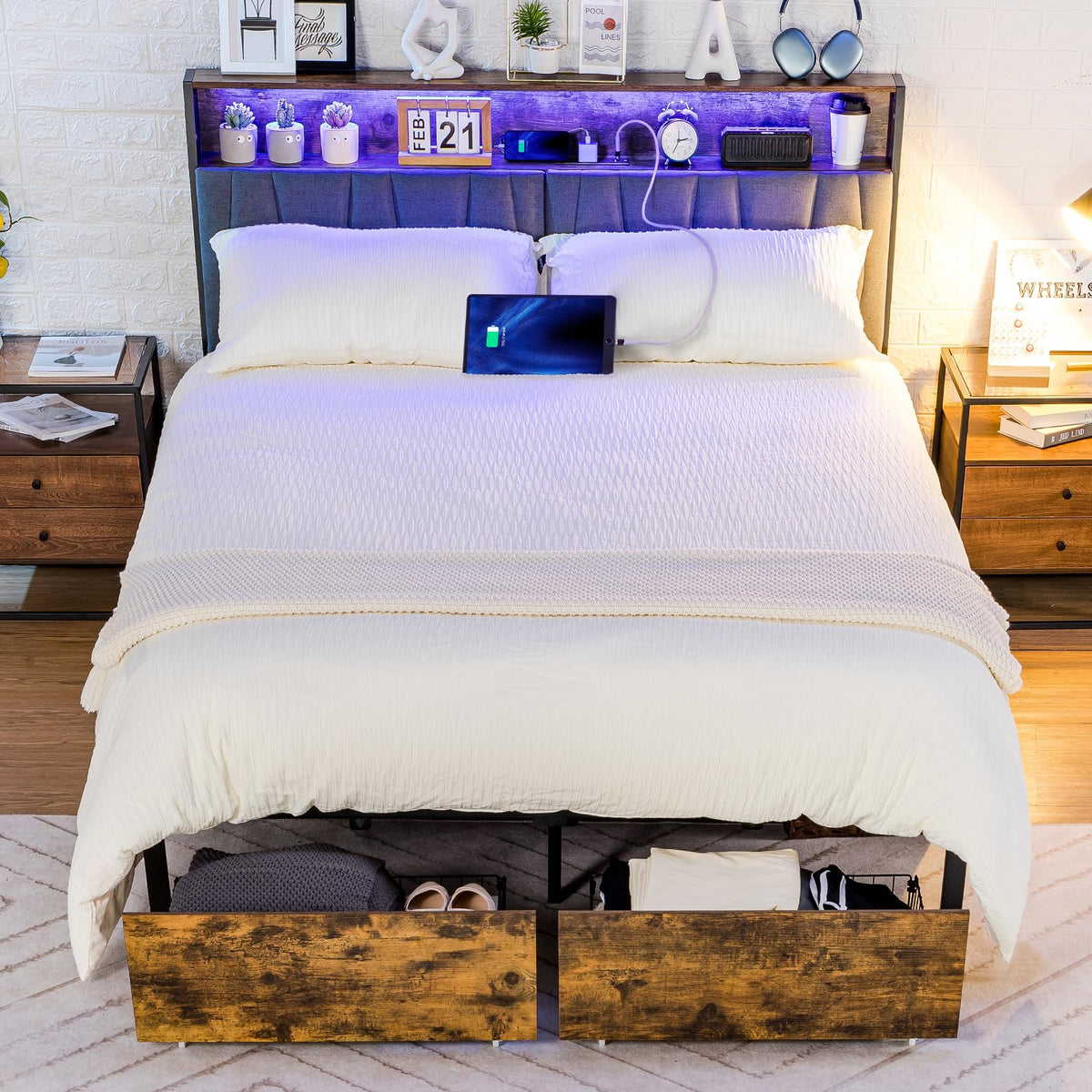 COMHOMA Queen Size Platform Bed Frame with LED Lights and Charging Station, Storage Headboard and Footboard Drawers, No Box Spring Needed, Rustic Wood Look