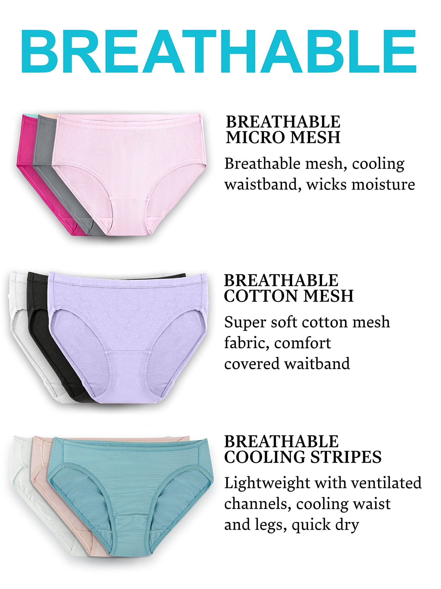 Fruit of the Loom Women's Underwear Breathable Panties (Regular & Plus Size), Brief-Cotton Mesh-6 Pack, 6