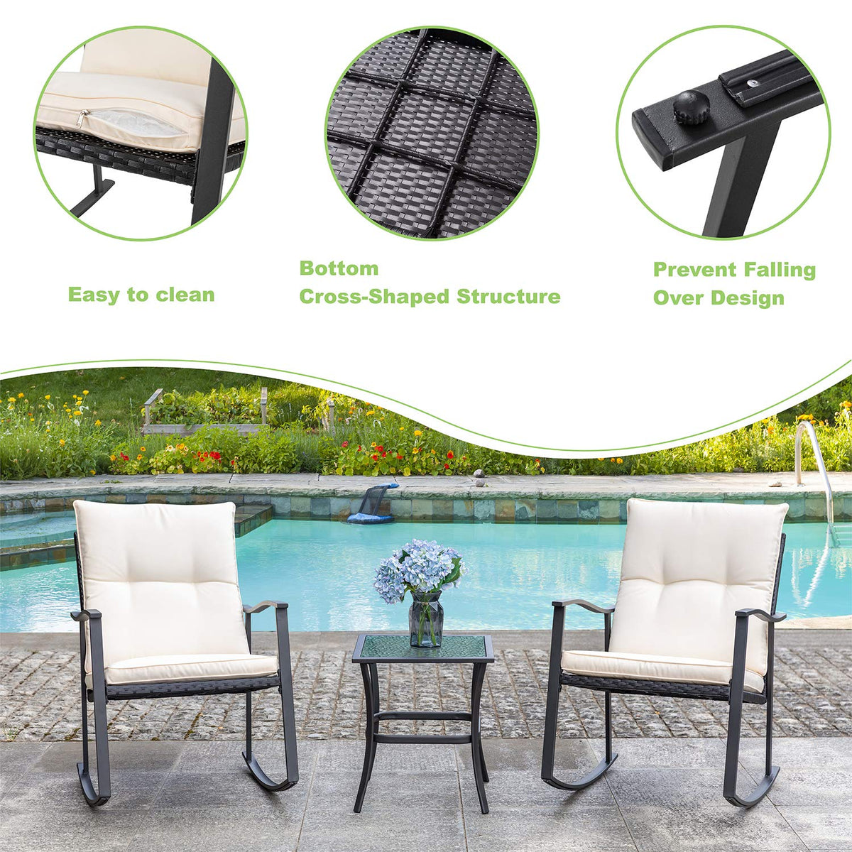 Vongrasig 3 Piece Outdoor Rocking Chair Set, PE Wicker Rattan Small Bistro Set, Front Porch Furniture Rocking Chairs Set of 2, Cushioned Patio Rocker Chair Set with Glass Table (Beige)