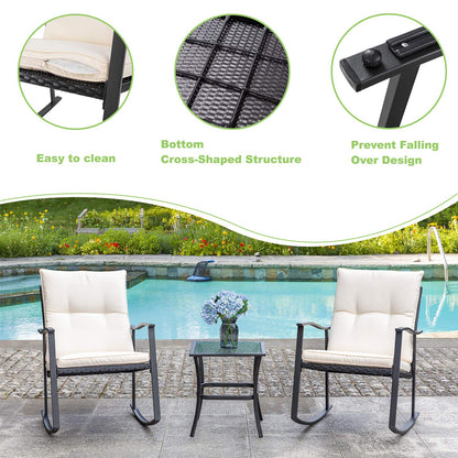 Vongrasig 3 Piece Outdoor Rocking Chair Set, PE Wicker Rattan Small Bistro Set, Front Porch Furniture Rocking Chairs Set of 2, Cushioned Patio Rocker Chair Set with Glass Table (Beige)