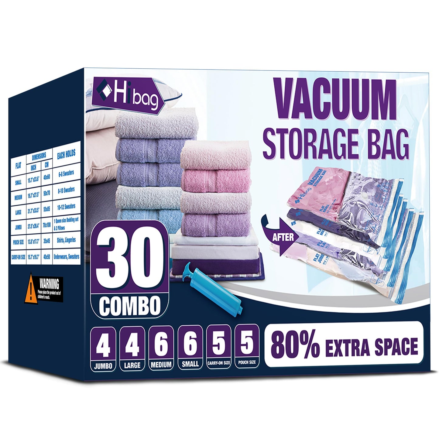 HIBAG Vacuum Storage Bags, 30-Pack Space Saver Vacuum Storage Bags, Vacuum Seal Bags for Clothing, Clothes, Comforters and Blankets (30C)
