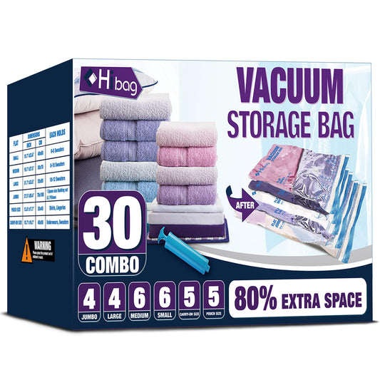HIBAG Vacuum Storage Bags, 30-Pack Space Saver Vacuum Storage Bags, Vacuum Seal Bags for Clothing, Clothes, Comforters and Blankets (30C)