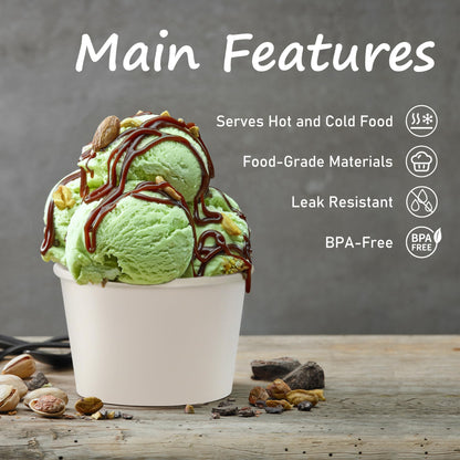 ESSENTIAL Paper Ice Cream Cups, 50pcs 8oz Disposable Dessert Bowls for Hot or Cold Food, Paper Snack Containers for Sundae, Frozen Yogurt, Soup (White)
