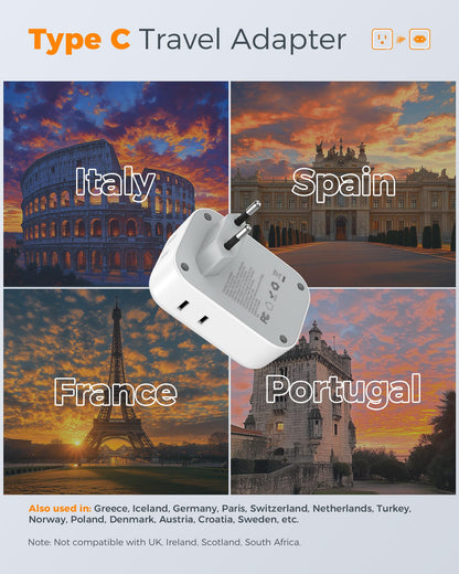 2 Pack European Plug Adapter USB C, TESSAN US to Europe Adapter 4 Outlets 3 USB Charger, Type C International Power Adaptor to Italy Spain France Portugal Iceland Germany, Europe Travel Essentials