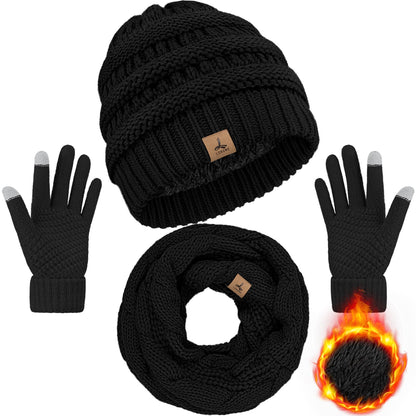 Warm Fleece Knit Beanie Hat and Touch Screen Gloves Set - Winter Gifts for Women and Men