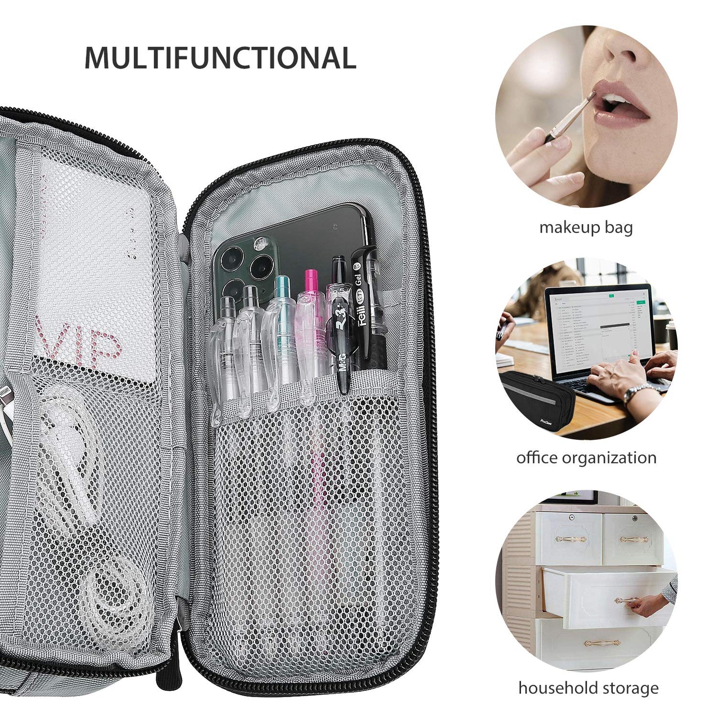 ProCase Pencil Case Pen Bag, Two Layers Big Capacity Pencil Pouch Pen Organizer Durable Stationery Holder for Marker Organization School Supplies Office Storage Desk Organizing -Grey