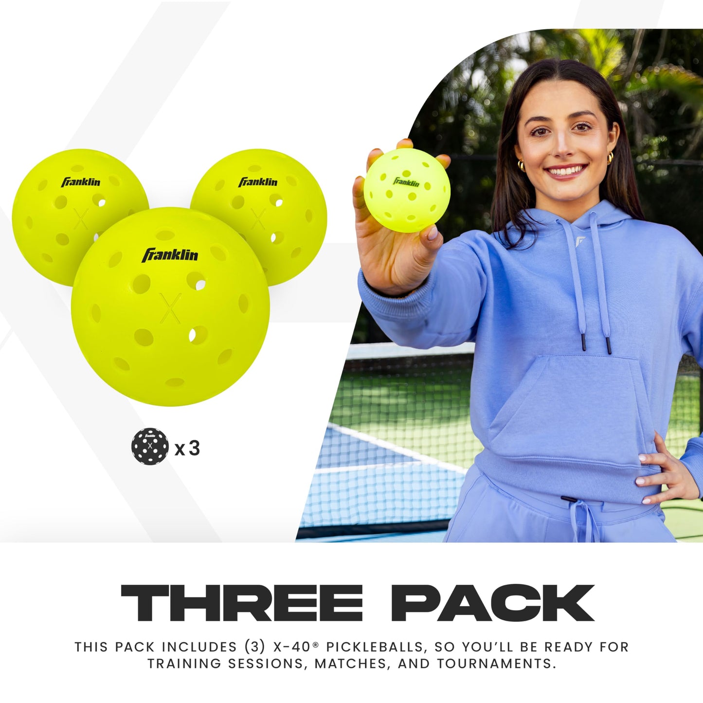 Franklin Sports Outdoor- X-40 Pickleball Balls - USA Pickleball (USAPA) Approved - 3 Pack Outside Pickleballs - Optic Yellow - US Open Ball