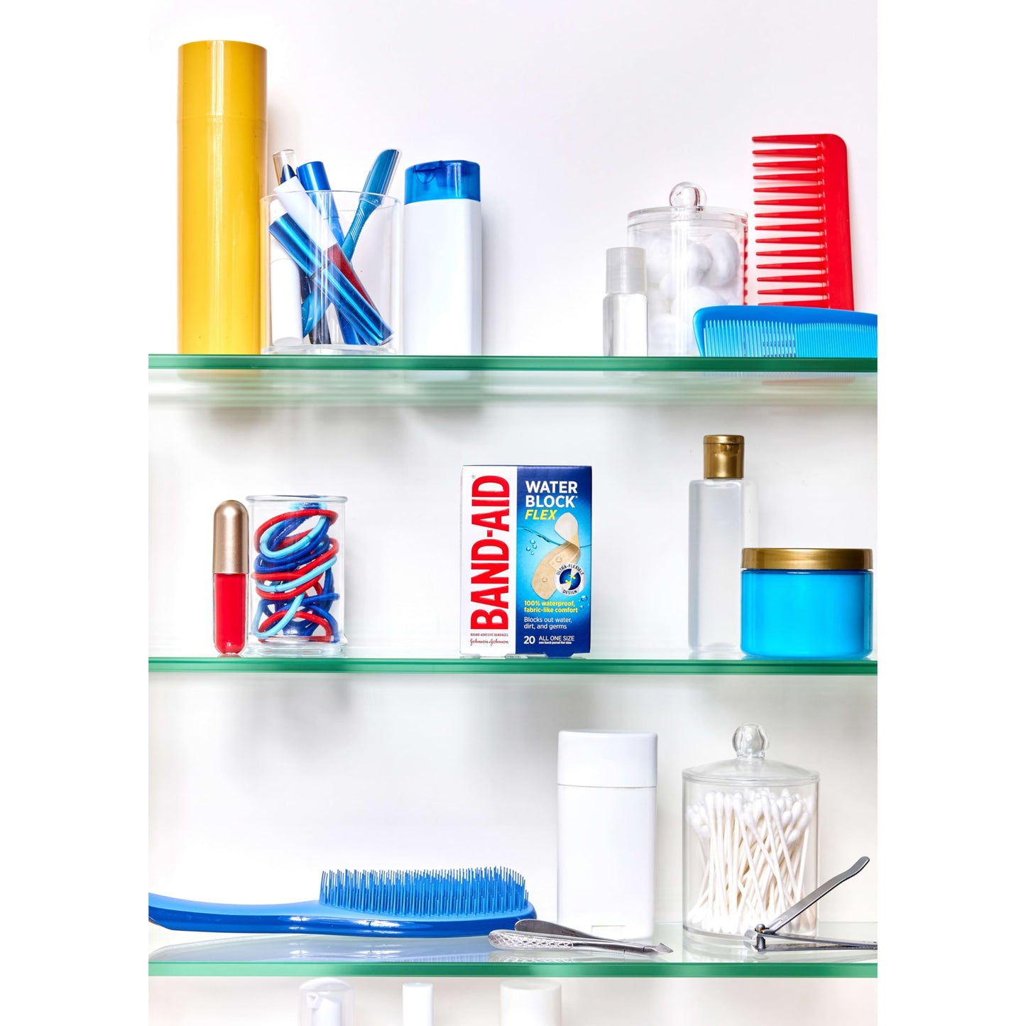 Band-Aid Brand Water Block Flex 100% Waterproof Adhesive Bandages for First-Aid Wound Care of Minor Cuts, Scrapes & Wounds, Ultra-Flexible Design, Sterile, All One Size, 20 ct