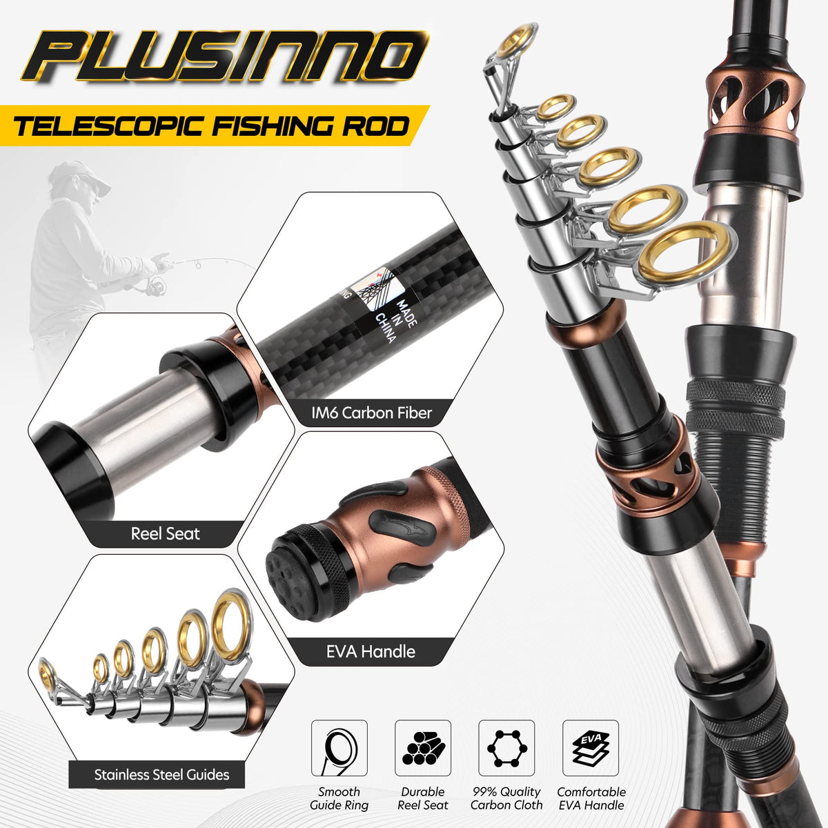 PLUSINNO Fishing Rod and Reel Combos - Carbon Fiber Telescopic Fishing Pole - Spinning Reel 12 +1 Shielded Bearings Stainless Steel BB，Travel Saltwater Freshwater Full Kit 5.91FT