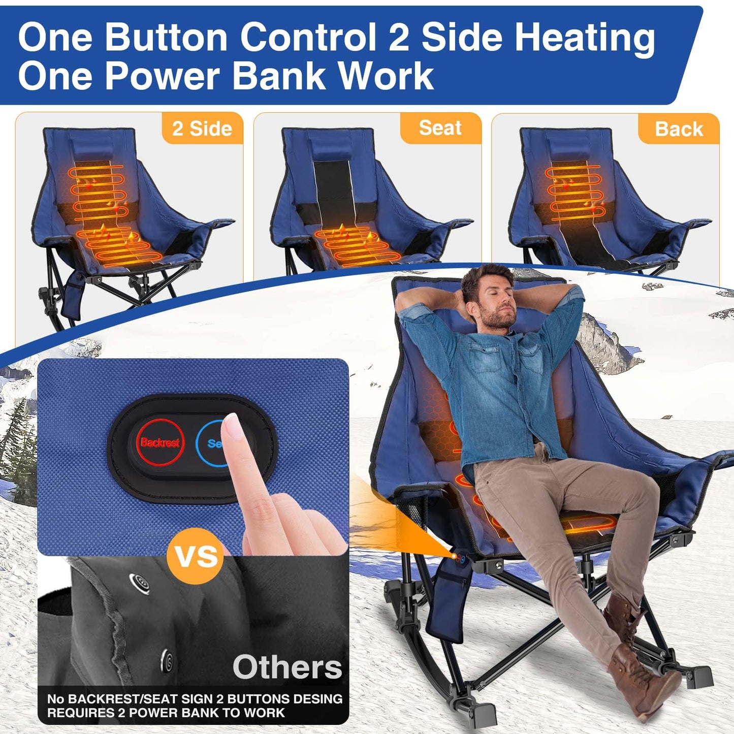 Slendor Oversized Rocking Camping Chair, XL Heated Camping Chair w/ 3 Levels Heat for Back+Seat, Padded Rocking Lawn Chair with 20000 mAh Power Bank, Pillow, Side Pocket, Carry Bag, Navy Blue