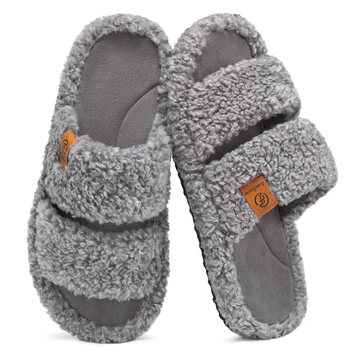EverFoams Womens Fuzzy Open-toe Slippers Soft Comfy Memory Foam Indoor House Shoes Cool Gray,9-10 US