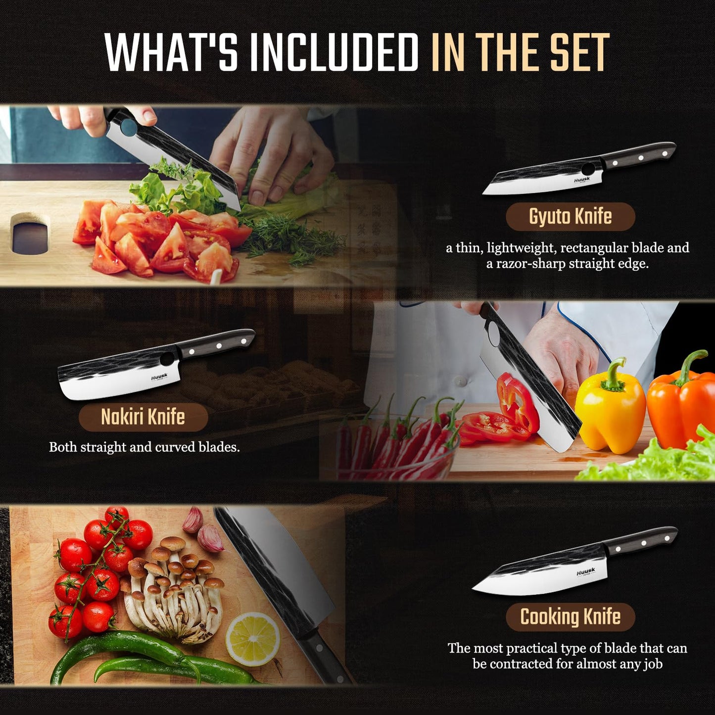 Huusk Knives Set, Serbian Chef Knife Set with Bag, Japanese Kitchen Knives Set, Hand Forged High Carbon Steel Knife Set, Full Tang Knives with Ebony Handle, Butcher Knife Set for Dad, Gif for Men