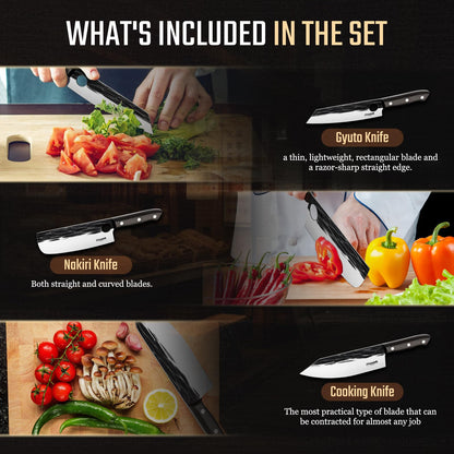 Huusk Knives Set, Serbian Chef Knife Set with Bag, Japanese Kitchen Knives Set, Hand Forged High Carbon Steel Knife Set, Full Tang Knives with Ebony Handle, Butcher Knife Set for Dad, Gif for Men