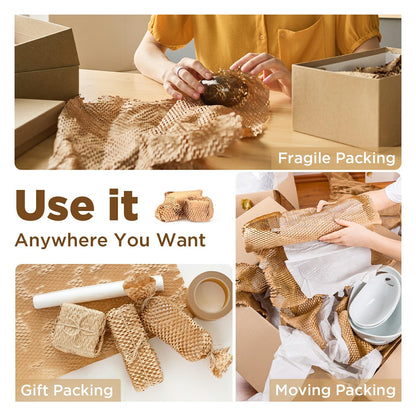Honeycomb Packing Paper, 12"x200' Brown | Perforated Honeycomb Packing Paper Recyclable Moving Supplies for Shipping & Moving | Plastic-Free Alternative to Bubble Cushion Wrap with 36 Fragile Stickers
