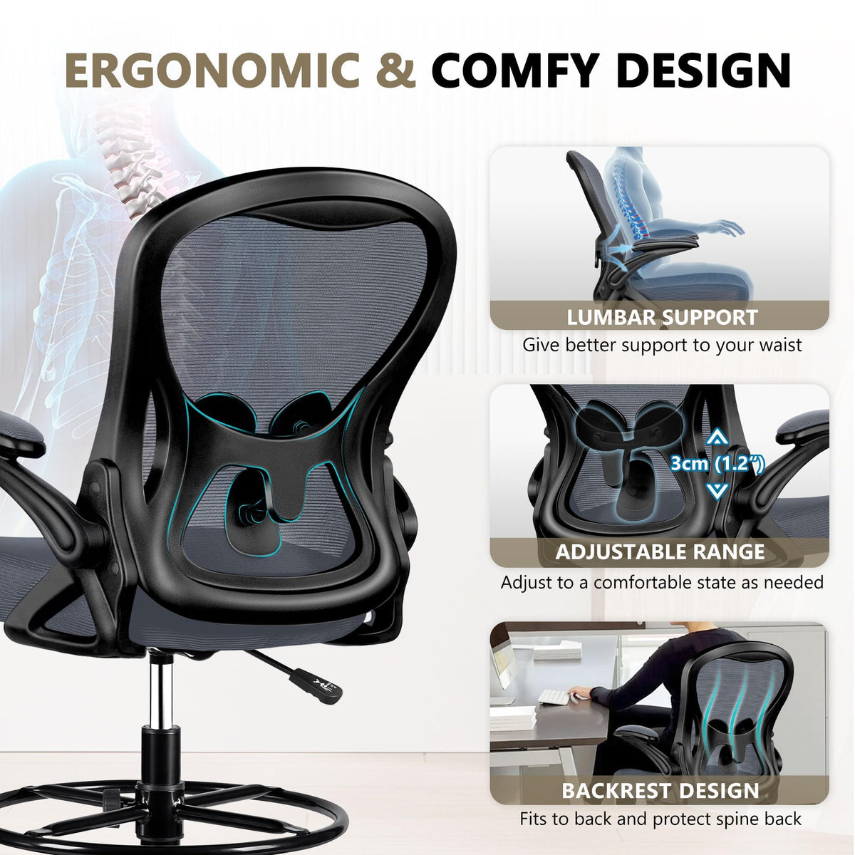 Winrise Drafting Chair, Tall Office Chair Ergonomic Standing Desk Chair, Lumbar Support Computer Chair Swivel Task Rolling Chair with Adjustable Flip-up Armrests & Foot Ring (Dark Gray)