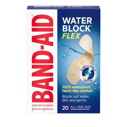 Band-Aid Brand Water Block Flex 100% Waterproof Adhesive Bandages for First-Aid Wound Care of Minor Cuts, Scrapes & Wounds, Ultra-Flexible Design, Sterile, All One Size, 20 ct
