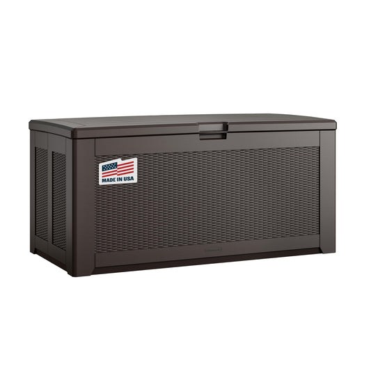 Rubbermaid Extra Large Resin Outdoor Storage Deck Box (134 Gal), Weather Resistant, Brown, Deck Organization for Home/Backyard/Pool Chemicals/Toys/Garden Tools/Porch/Patio Cushions