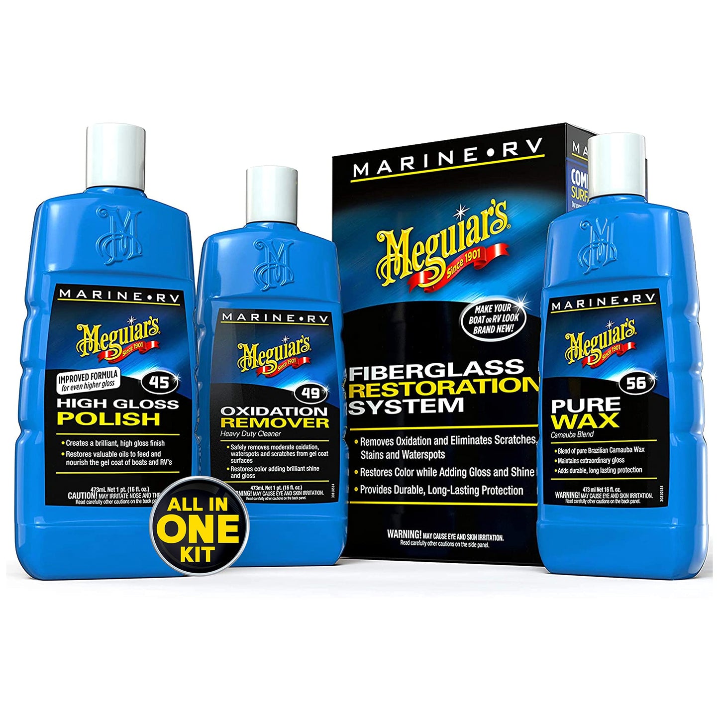 Meguiar's M4965 Marine/RV Fiberglass Restoration System, 3-Piece Marine Fiberglass Repair Kit Featuring Oxidation Remover for Boat Care Plus Boat Polish and Wax