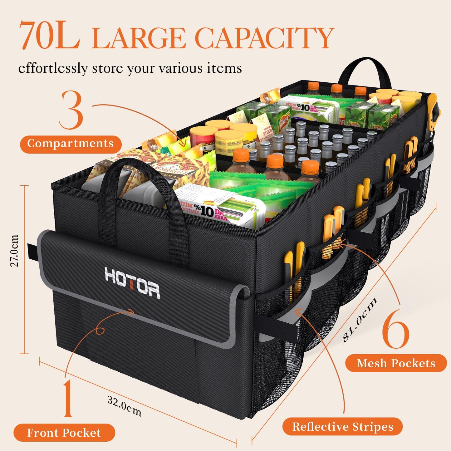 HOTOR Trunk Organizer - Car Organizer with 5 Pockets, Trunk organizer for SUV, Sedan & Van, Car Organization with Sturdy Base Panel for Car Accessories, Black, 2 Compartments, 35.4"×14.2"×10.6"