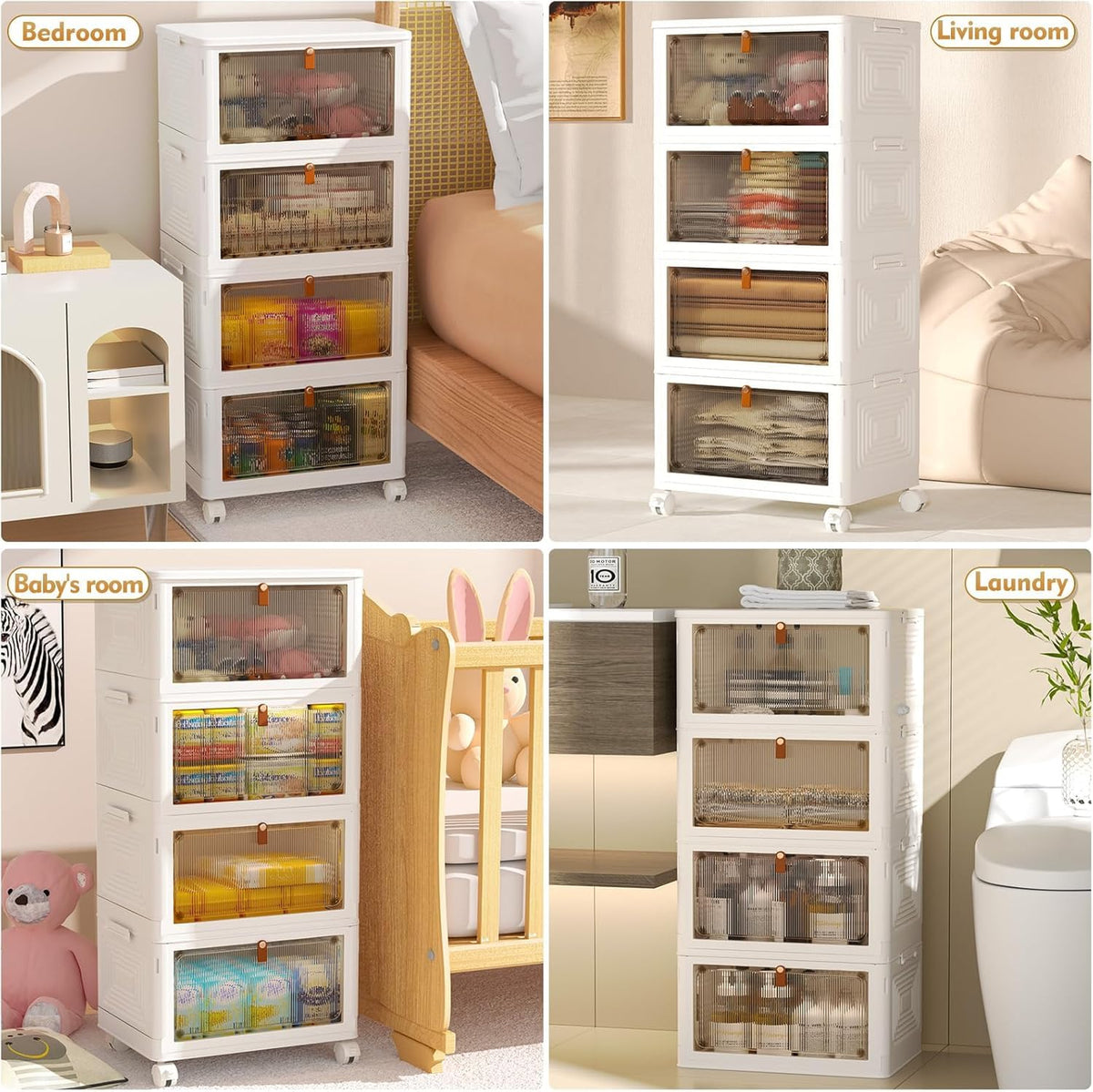 YFXCVSL 4 Tier Plastic Storage Bins with Lid 24QT, Stackable Storage Containers with Wheels, Folding Storage Boxes, Collapsible Storage Bins, Closet Organizers and Storage for Living Room,Office,Dorm