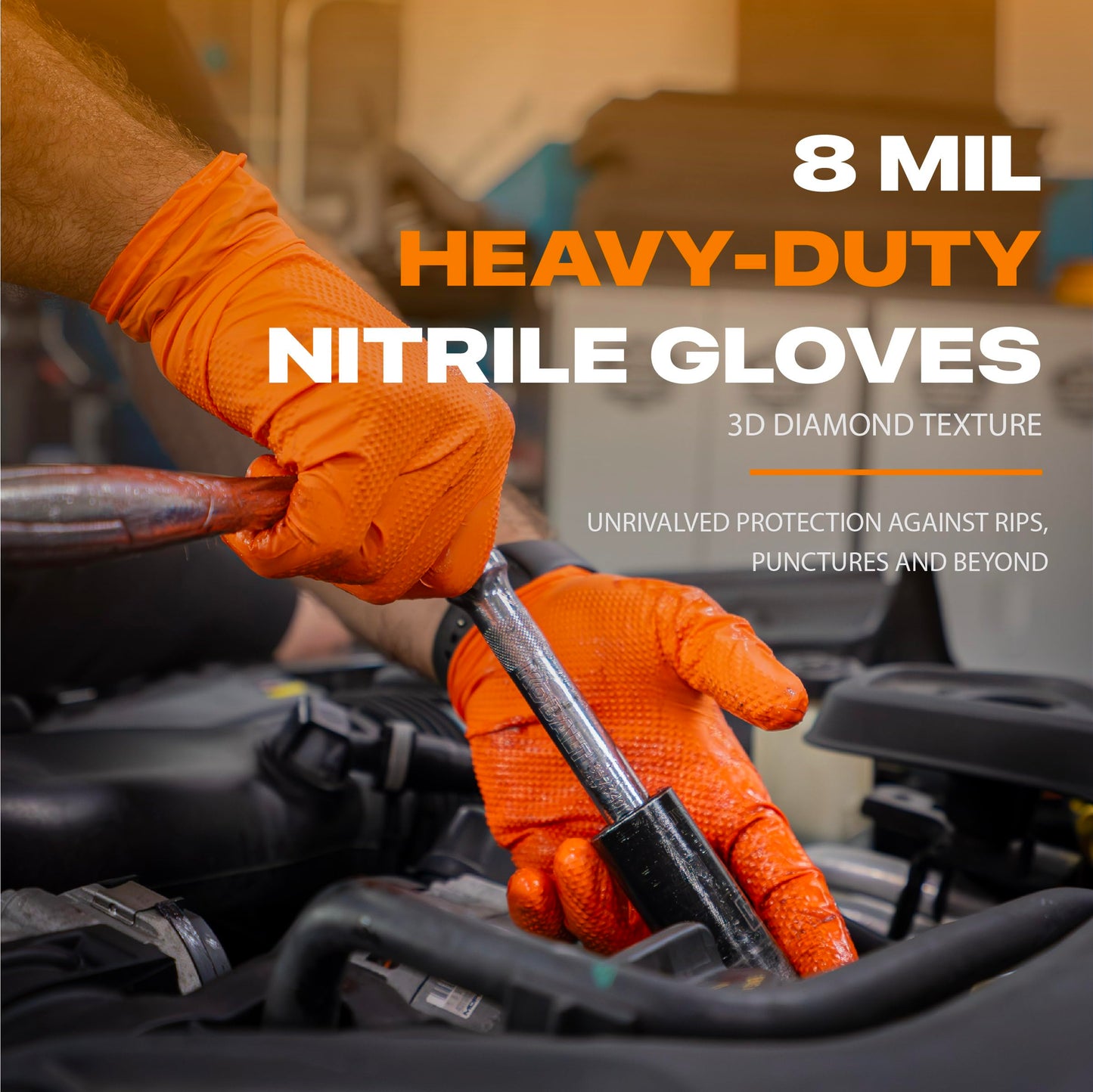 GRIPXX Herkules Grip Heavy Duty 8Mil Orange Nitrile Gloves,3D Raised Diamond Texture-Latex & Powder Free-Industrial, Mechanic (10, X-Large)